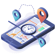 Illustration of map with location pins and a compass